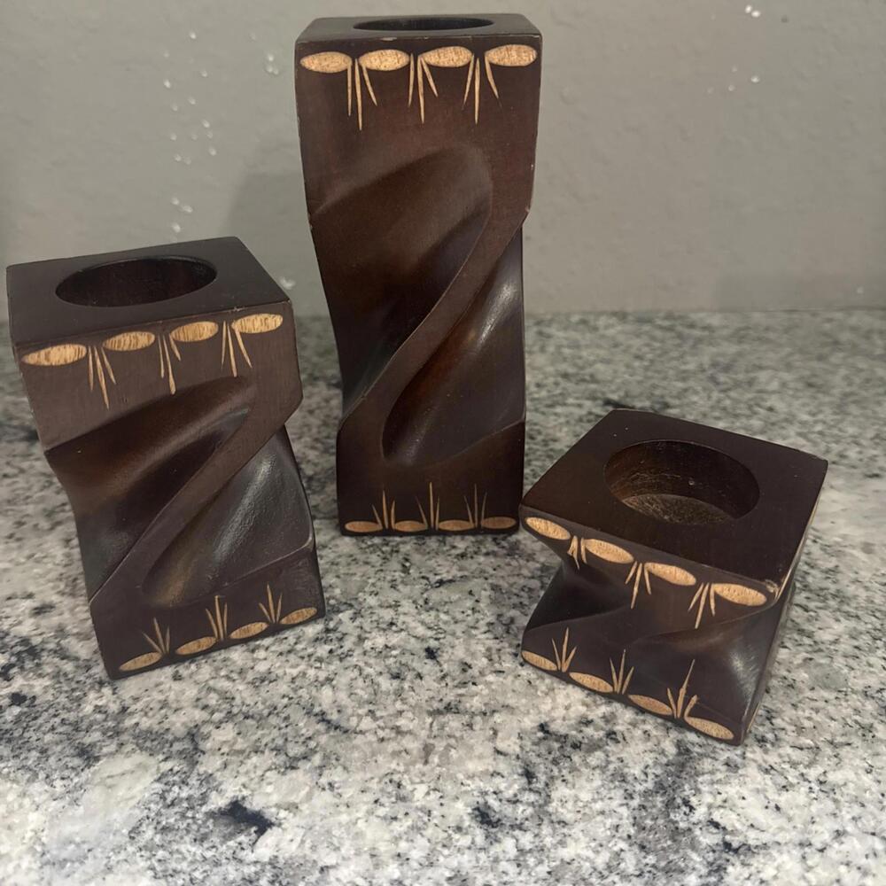 Vintage Mango Wood Votive Candle Holders Carved Set Of Three Twist Tea Light
